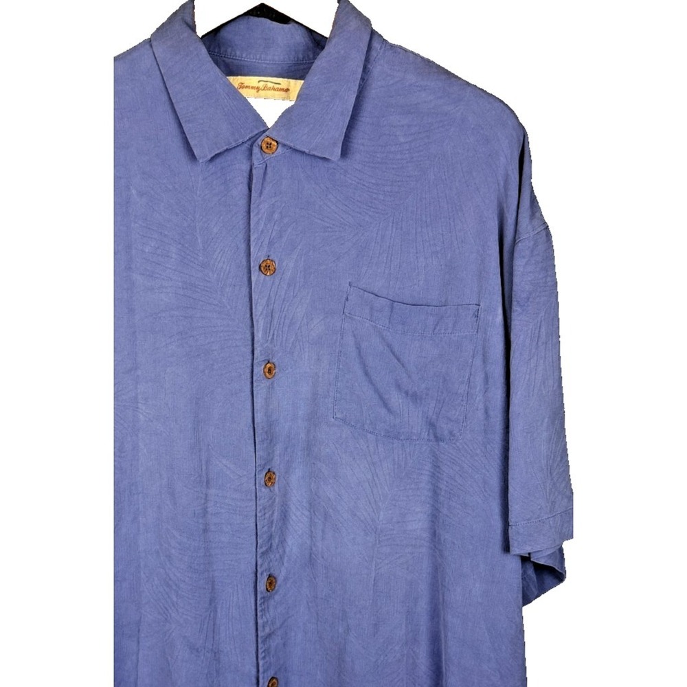 Tommy Bahama Shirt Men XXL Blue Jacquard Palm Leaf Short Sleeve 100% Silk Casual